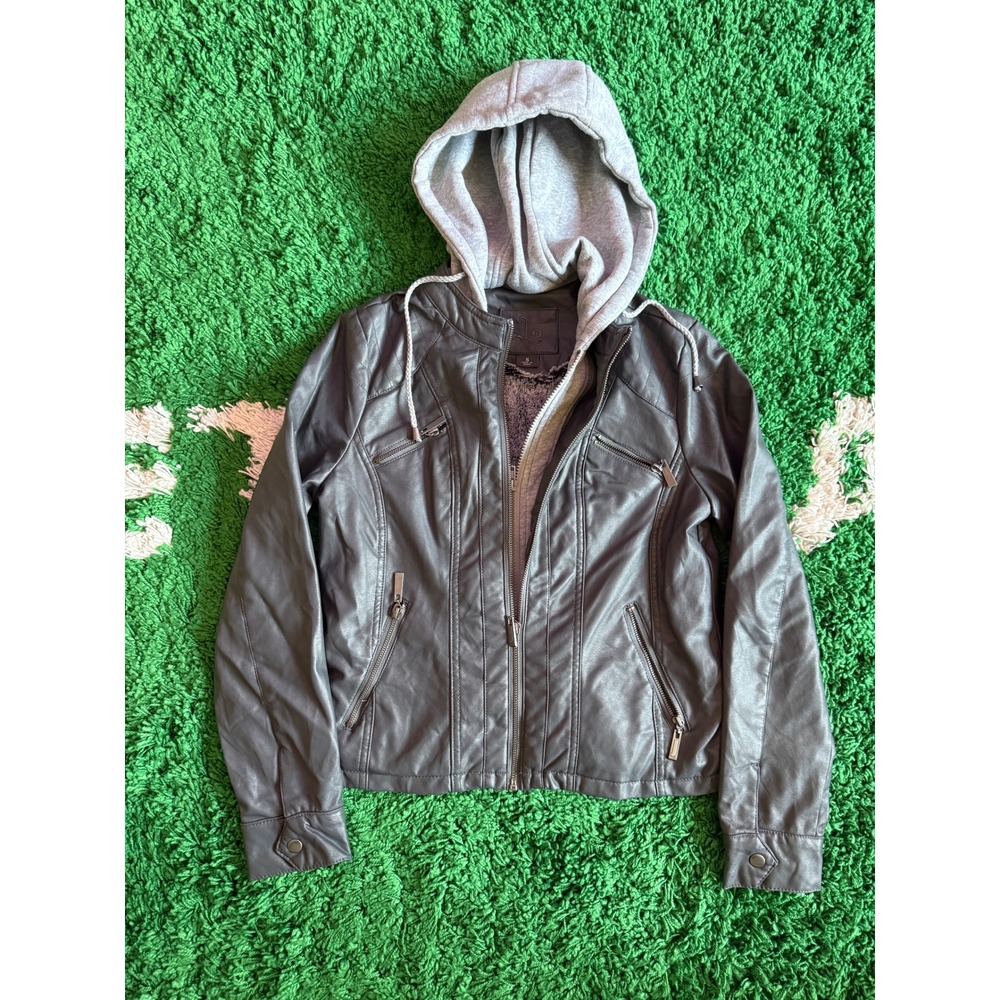 Jou Jou Womens Faux Leather Moto Jacket Grey Hooded Faux Fur‎ Lined Size S